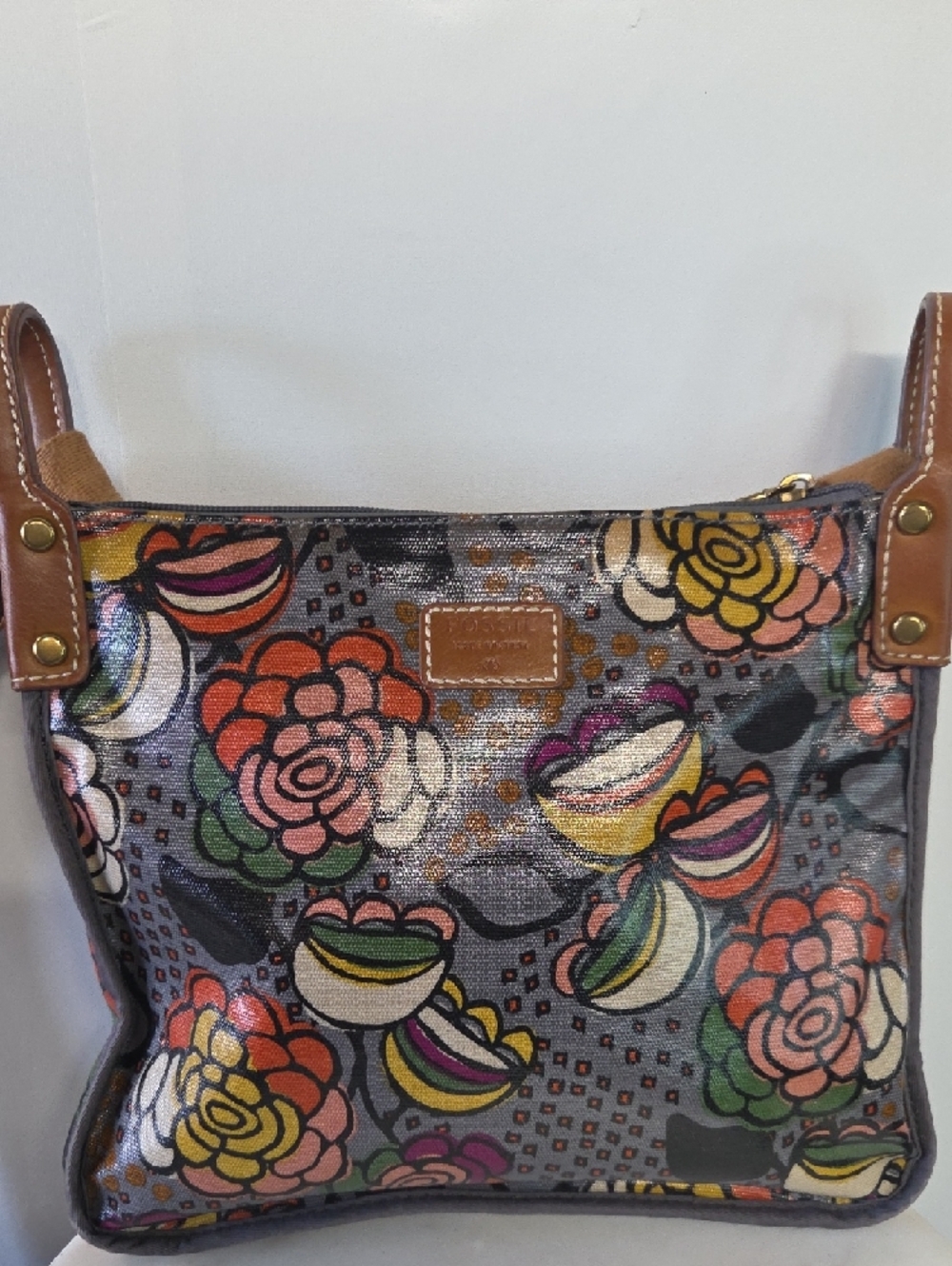 Fossil Floral Crossbody Bag - Gray with Multicolor Flowers - Picture 2 of 10